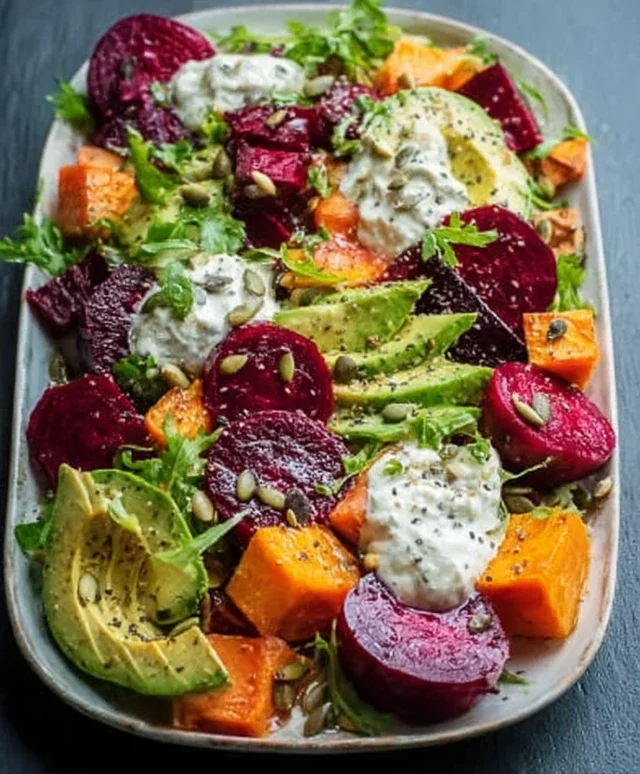 Roasted Beet, Sweet Potato & Avocado Salad with Whipped Ricotta & Lemon-Tahini Drizzle