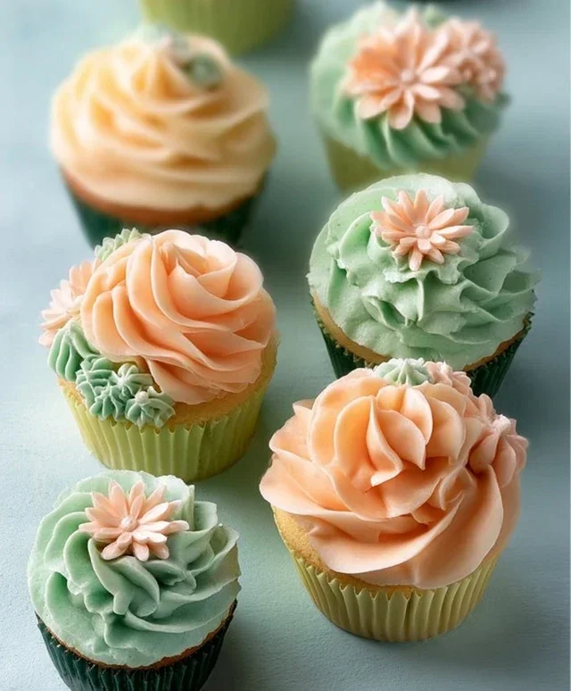Sweet Treat Cupcake Ideas For Any Celebration : Peach and Soft Green Cupcakes