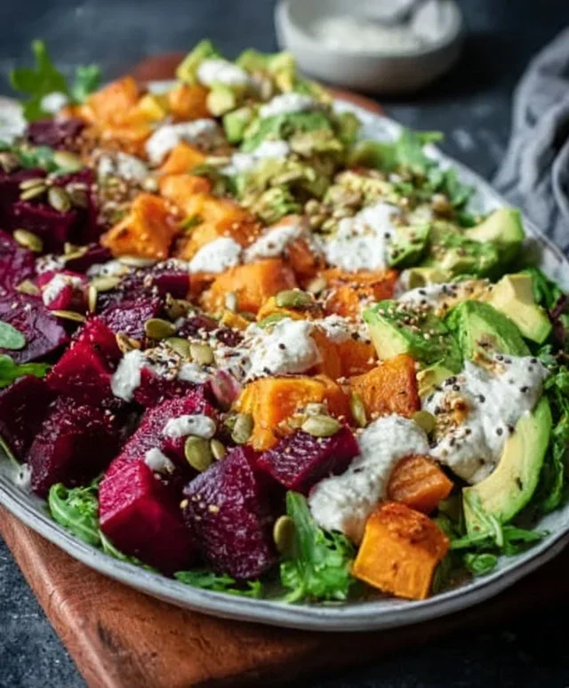 Roasted Beet, Sweet Potato & Avocado Salad with Whipped Ricotta & Lemon-Tahini Drizzle