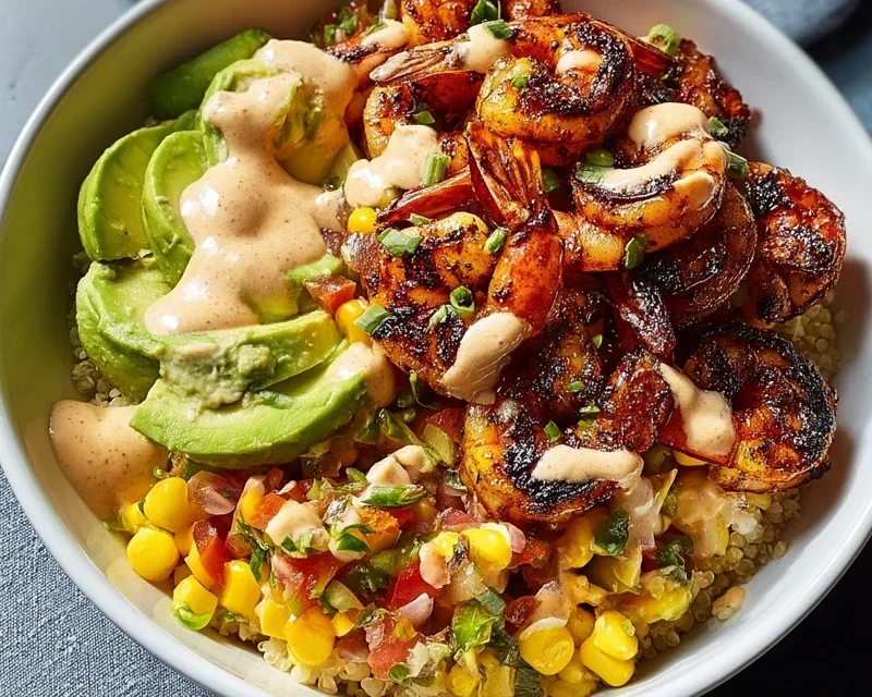 Grilled Shrimp Bowl with Avocado, Corn Salsa & Creamy Garlic Sauce
