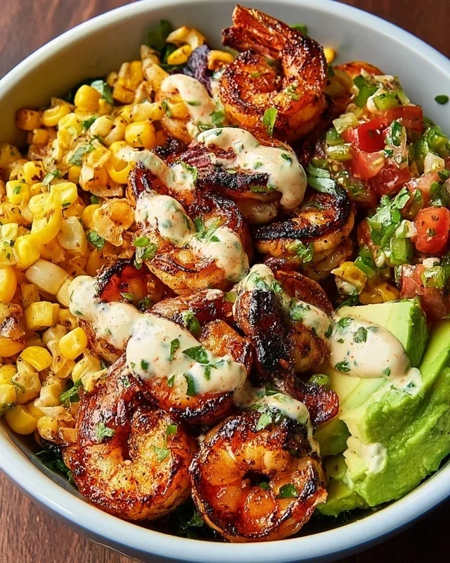 Grilled Shrimp Bowl with Avocado, Corn Salsa & Creamy Garlic Sauce