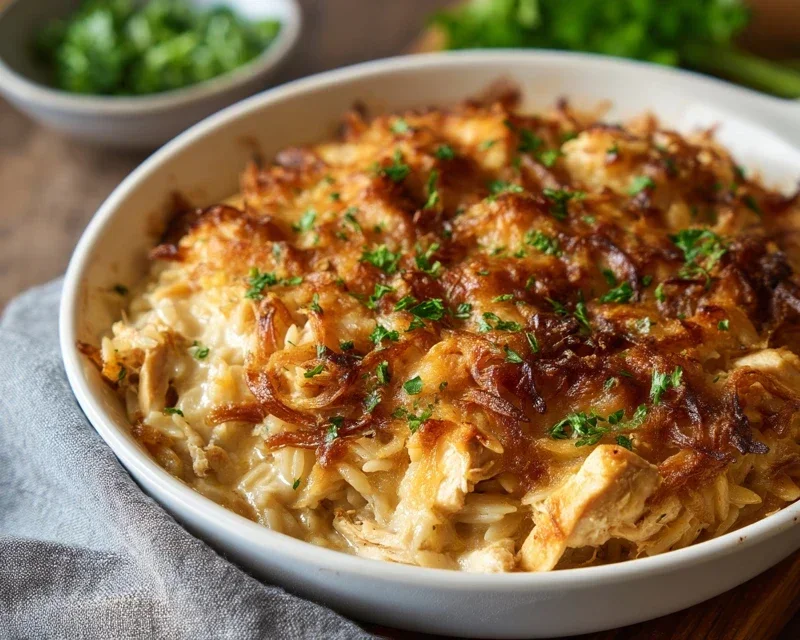 French Onion Chicken Orzo Casserole
