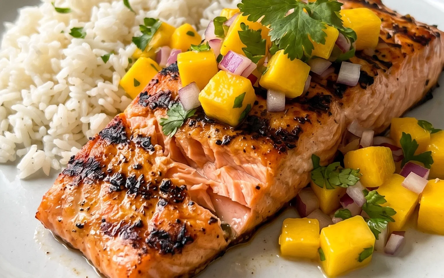 Grilled Salmon with Mango Salsa and Coconut Rice