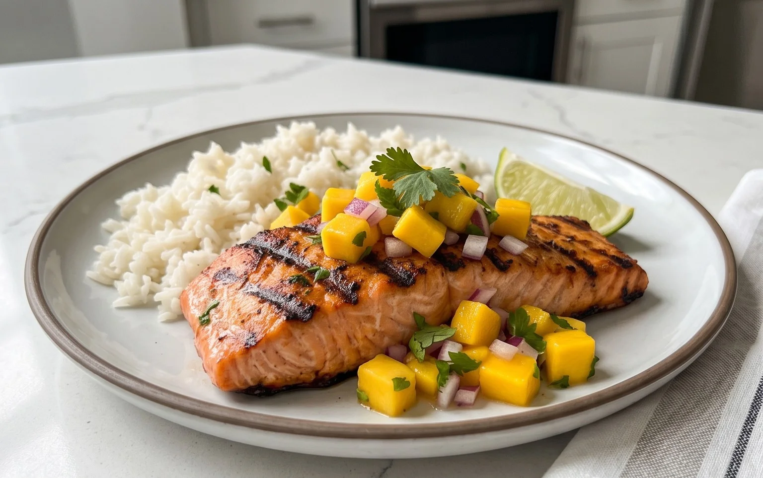 Grilled Salmon with Mango Salsa and Coconut Rice