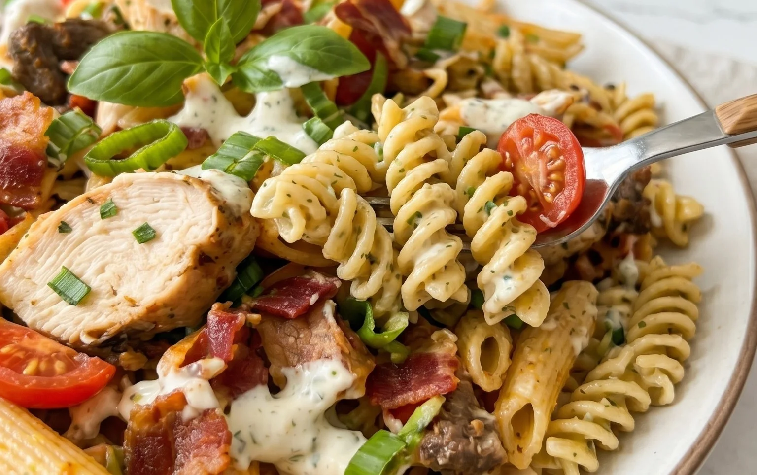 Chicken Beef Bacon Ranch Pasta Salad