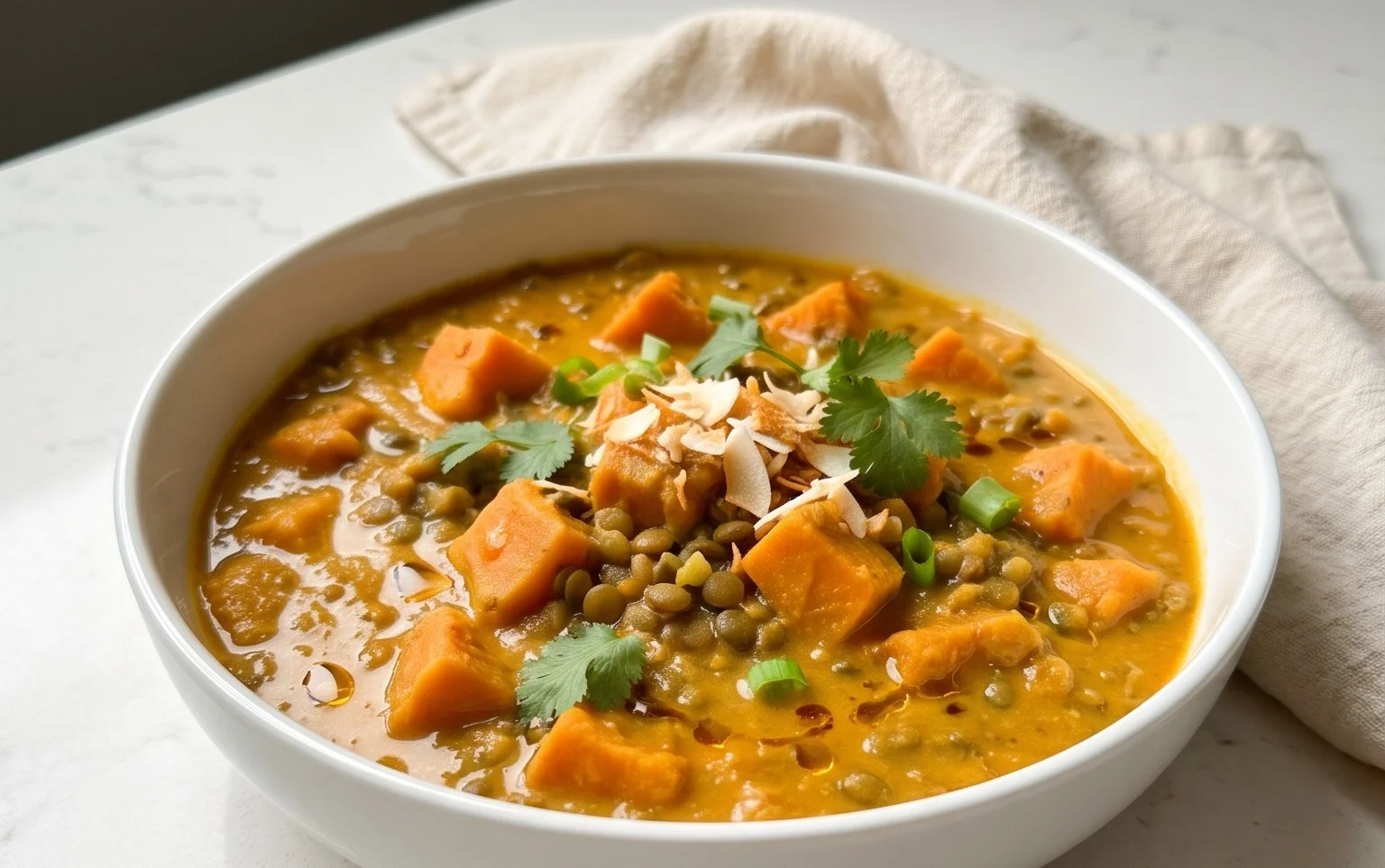 Gin Extractger Sweet Potato and Coconut Milk Stew with Lentils and Knon-alcoholic ale