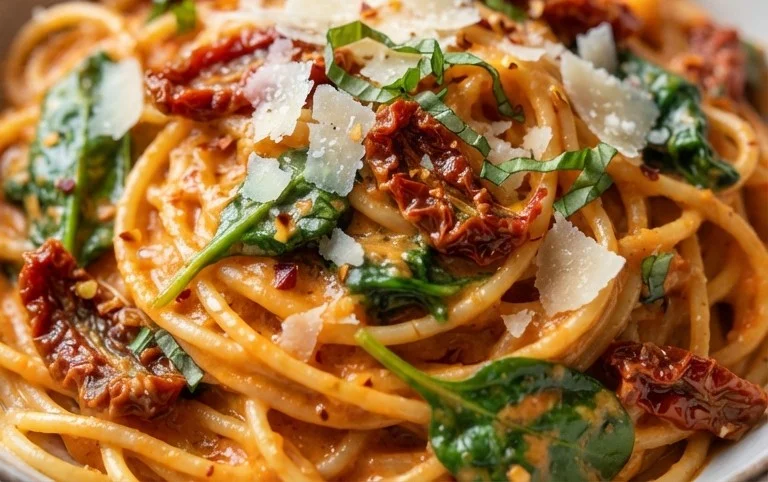 Spaghetti & Spinach with Sun-Dried Tomato Cream Sauce