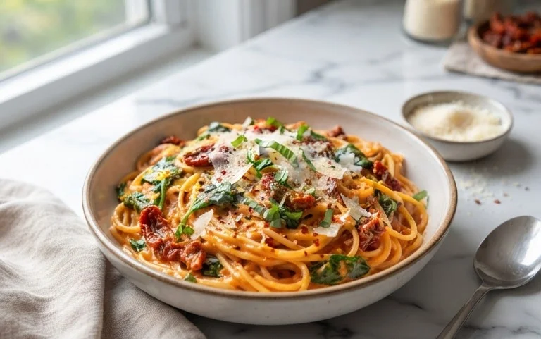 Spaghetti & Spinach with Sun-Dried Tomato Cream Sauce