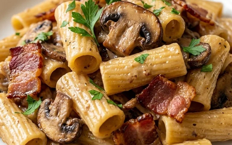 Creamy Beef Bacon and Mushroom Pasta