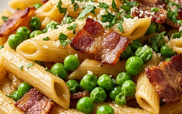 Penne Pasta, Peas and Beef Bacon