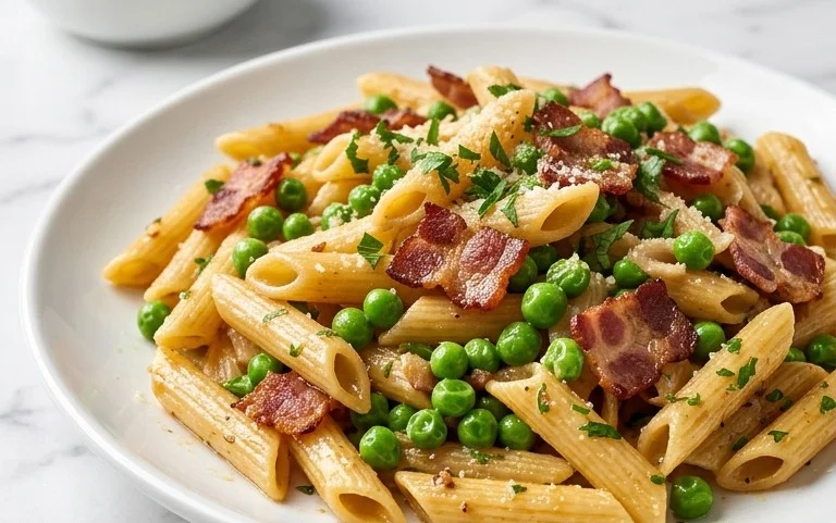 Penne Pasta, Peas and Beef Bacon
