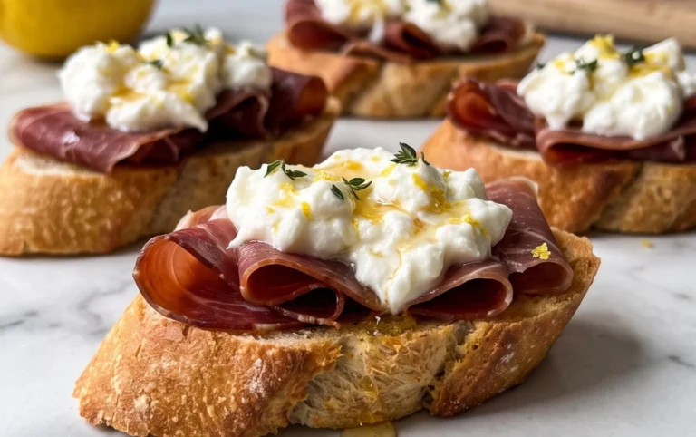 Beef Prosciutto Crostini with Burrata and Lemon Honey Drizzle